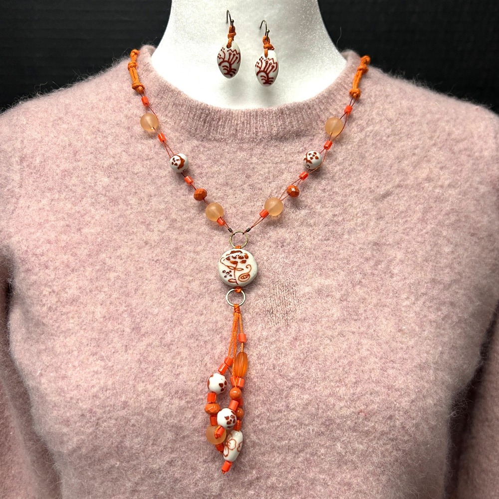 Coldwater Creek Necklace and Earrings Hand Knotted Ceramic Orange & Rust Boho